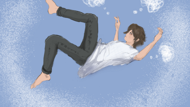 男の子が水の中で漂うように沈んでいる。モヤモヤとした線が浮かんでいる。